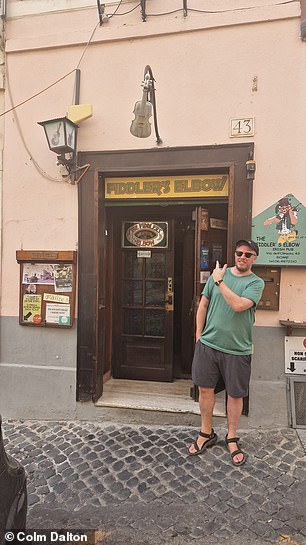 Colm's record is nine pubs in one day of holiday in Rome. Here it is outside The Fiddler's Elbow pub in Rome.