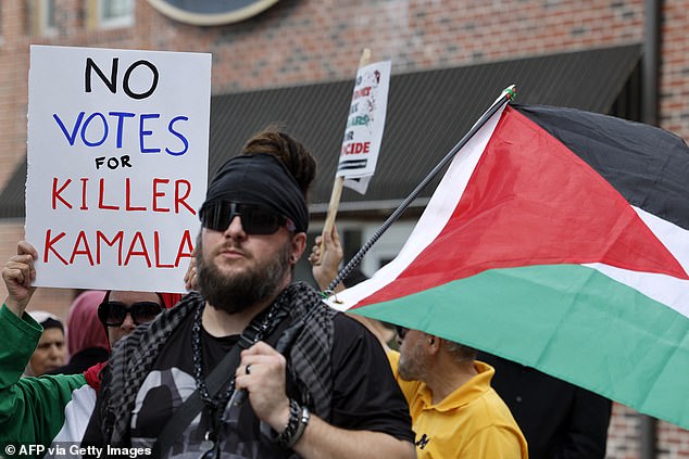 Pro-Palestinian protesters rally in support of Palestinians who have died in Gaza outside the Arab American National Museum in Dearborn, Michigan.