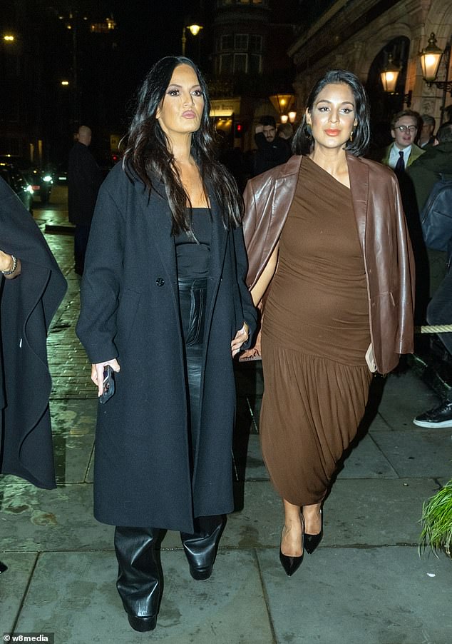 Additionally, she accessorized with statement earrings in gold tones and styled her bob in a statement style for the evening.