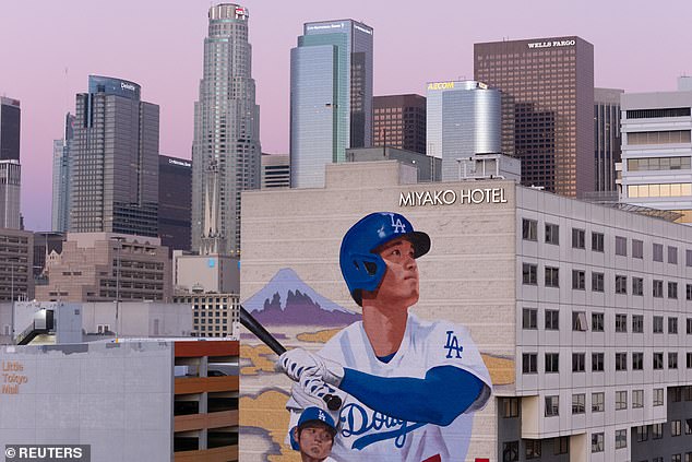 A giant mural of Ohtani is painted in a hotel in Little Tokyo, a neighborhood in Los Angeles