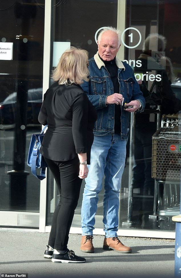 She wore a black turtleneck with a sherpa-lined denim jacket and jeans for the outing.