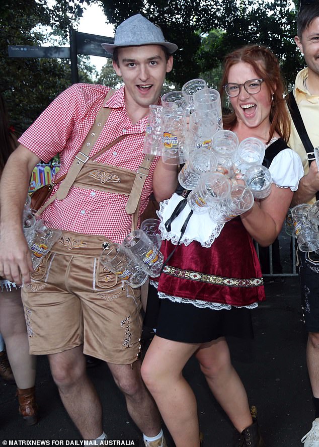 The park in the city's financial district was transformed into a Bavarian bacchanal for the annual Oktoberfest party on Saturday afternoon, with organizers expected to serve more than 100,000 pints.