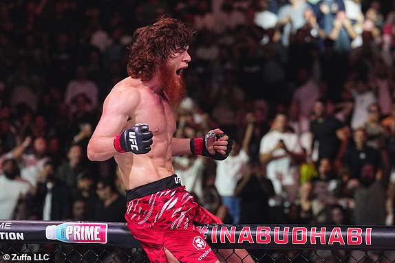 ABU DHABI, UNITED ARAB EMIRATES – OCTOBER 26: Shara Magomedov of Russia reacts after a knockout victory against Armen Petrosyan of Russia in a middleweight fight during the UFC 308 event at Etihad Arena on October 26, 2024 in Abu Dhabi , United Arab Emirates. (Photo by Chris Unger/Zuffa LLC)