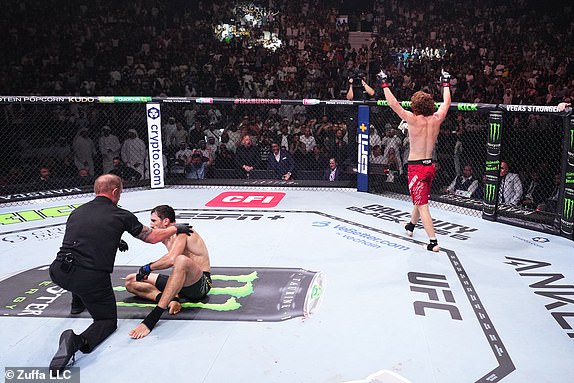 ABU DHABI, UNITED ARAB EMIRATES – OCTOBER 26: Shara Magomedov of Russia reacts after a knockout victory against Armen Petrosyan of Russia in a middleweight fight during the UFC 308 event at Etihad Arena on October 26, 2024 in Abu Dhabi , United Arab Emirates. (Photo by Chris Unger/Zuffa LLC)