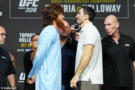 ABU DHABI, UNITED ARAB EMIRATES – OCTOBER 24: (L-R) Opponents Shara Magomedov of Russia and Armen Petrosyan of Russia face off during the UFC 308 press conference at the Etihad Arena on October 24, 2024 in Abu Dhabi, Emirates United Arabs. (Photo by Chris Unger/Zuffa LLC)