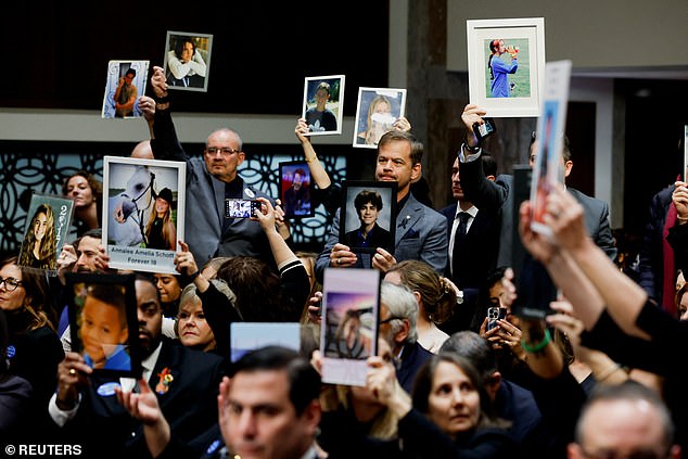 The families showed photos of victims of child exploitation and suicide in the audience behind the five tech bosses at the arraignment hearing.