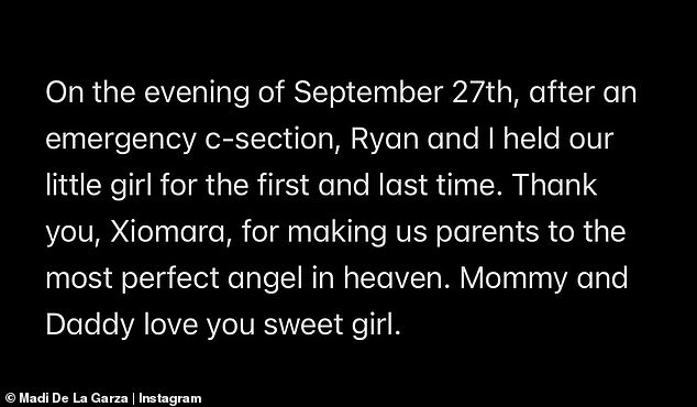 'Thank you, Xiomara, for making us parents of the most perfect angel in heaven. Mommy and daddy love you sweet girl,' Madi concluded.