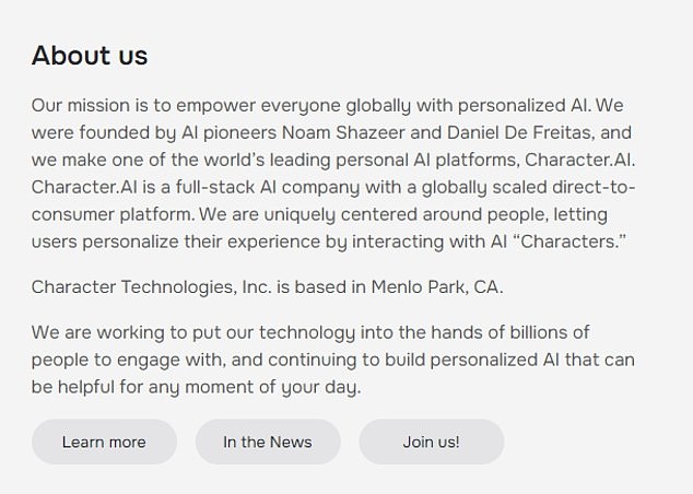 The 'About Us' page on the Character.AI website, which explains the company's mission.