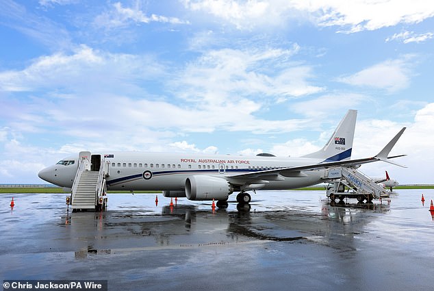 Pictured: The plane the Queen and King boarded when they left Samoa on October 26.