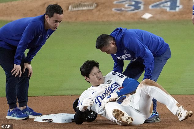 The Japanese player was slow to get to his feet after trying to steal second base.