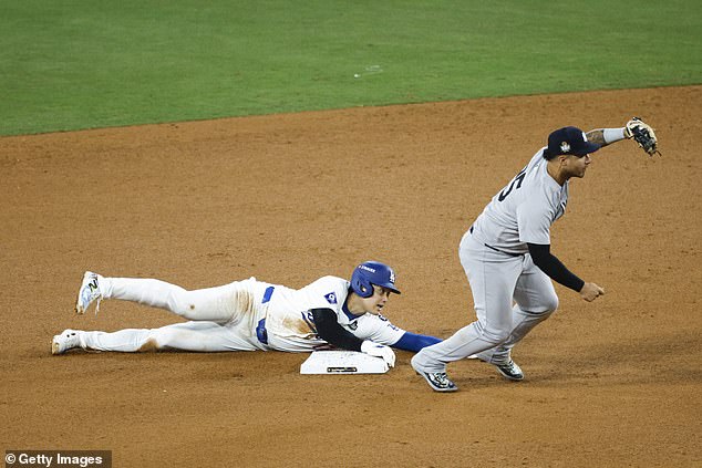 Ohtani came out from first base on a steal attempt before being tagged out by Austin Wells.