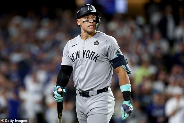 Aaron Judge reacts after striking out against the Los Angeles Dodgers in the ninth inning