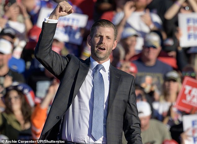 By contrast, the men of the family, Donald Trump Jr and Eric Trump (pictured at a rally in Butler, Pennsylvania), frequently attend and sometimes speak at rallies and regularly represent their father at events and defend him in the media and online.