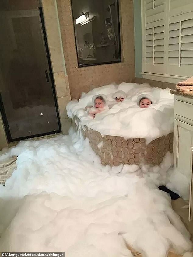 Foam part! A group of three children somehow managed to fill the bath with bubbles