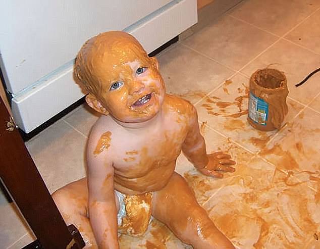 Delicious! For a young child, peanut butter was so delicious that the only logical thing to do was to cover his entire face and body with it.