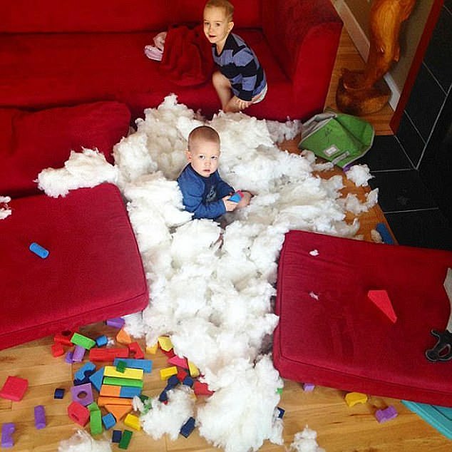 As? Apparently, two small children managed to remove all the filling from a sofa cushion.