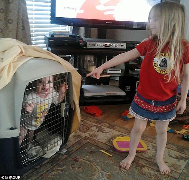 Timeout: A little girl seemed to have somehow trapped her brother in a cage that seems more suitable for pets than small children.