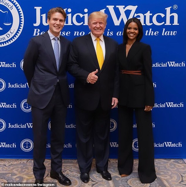 Ms Owens has thrown her support behind Mr Trump in his re-election campaign (pictured together at a Judicial Watch event)