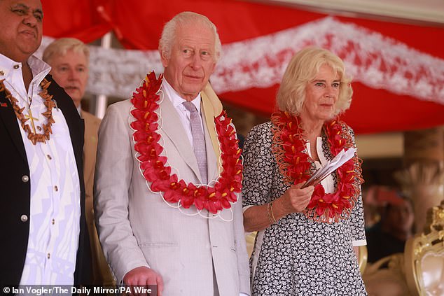 Charles and Camilla during a farewell ceremony at Siumu Village on the final day of the royal visit to Australia and Samoa.