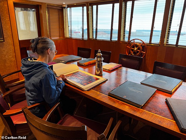 The log books of the MV Fingal are displayed on the ship's old bridge.