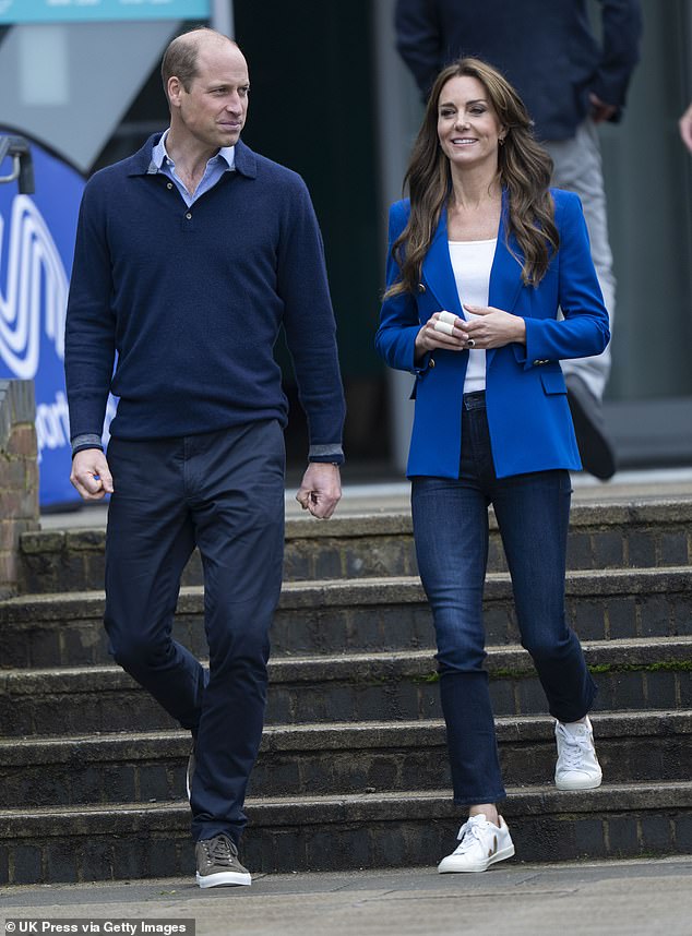 William's relaxed appearance reflects the type of elegant, simple outfit his wife, Kate, might choose for a casual engagement (pictured in October 2023).