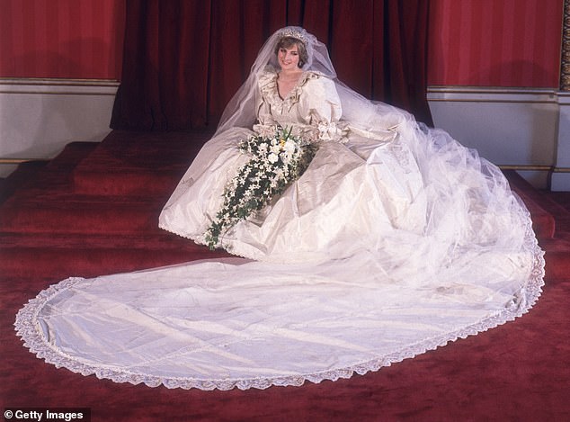 Princess Diana in her wedding dress designed by David and Elizabeth Emanuel