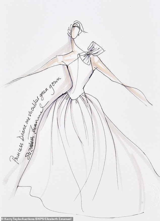 A sketch of the 'one-shouldered green dress' created for Princess Diana