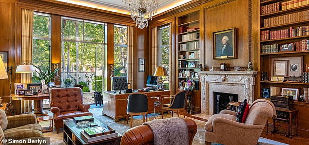 The house includes a reception room, a parlor, and a wood-paneled study and office, where a portrait of George Washington commissioned by Benjamin Franklin hangs (pictured)