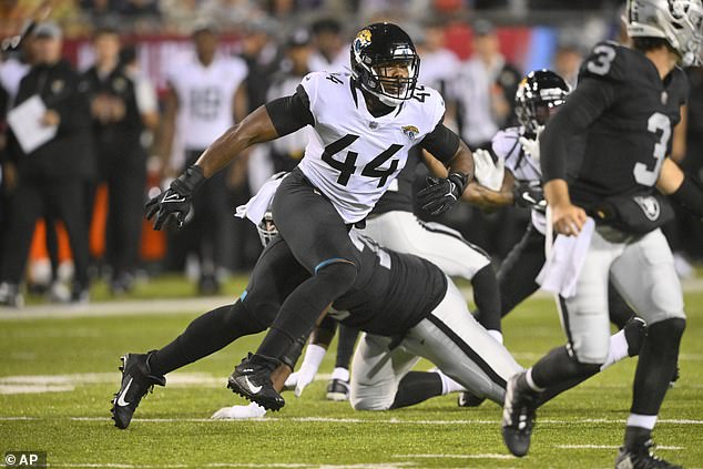 Jacksonville Jaguars linebacker Travon Walker defends during the first half of the NFL Football Hall of Fame Exhibition Game against the Las Vegas Raiders in Canton in 2022.