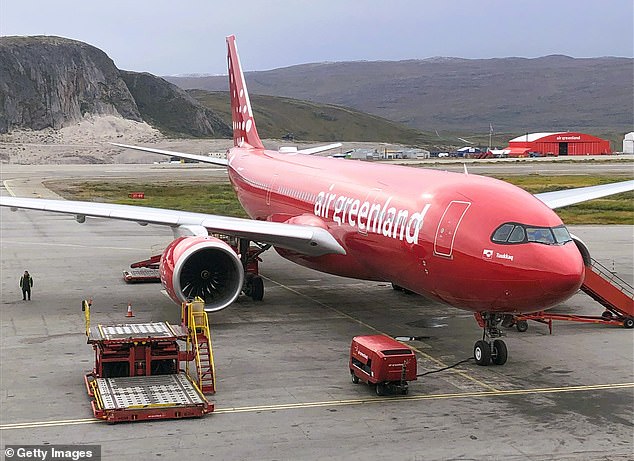 Pictured: An Air Greenland plane at an airport in Nuuk. Air Greenland has not offered direct flights from America to Greenland