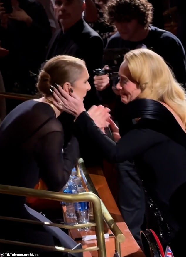 In images shared online, Adele and Céline embraced before the English singer returned to the floor and told the audience: 