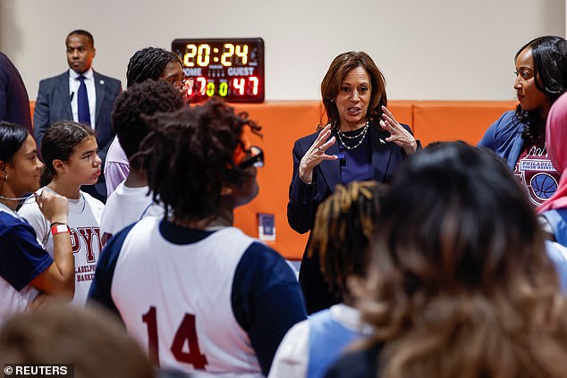 Kamala Harris met with elementary school students at a community campaign event at the Alan Horwitz 'Sixth Man' Center, a youth basketball facility, in Philadelphia.