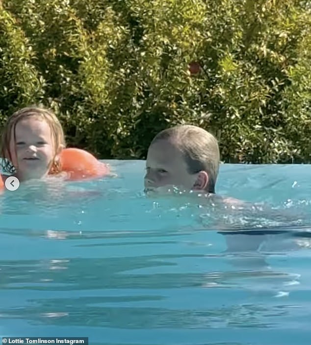 Louis' other sister, Lottie Tomlinson, also shared a video on Instagram of her son Lucky (left) playing with Freddie (right) in the pool while on vacation earlier this month.