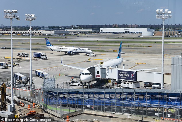 JetBlue aircraft are displayed at JFK Airport on Sunday, July 23, 2023.