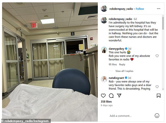 Dempsey's last Instagram post saw him being treated in a hospital hallway because it was too crowded.