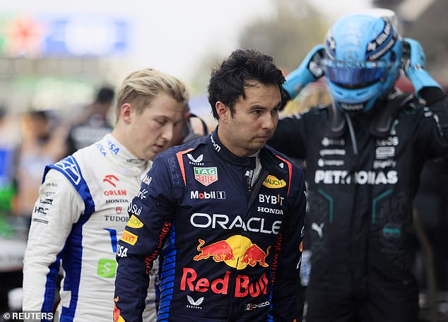 Lawson (left) is speculated to be locked in a battle with Perez (centre) for the Red Bull seat behind Max Verstappen next year.