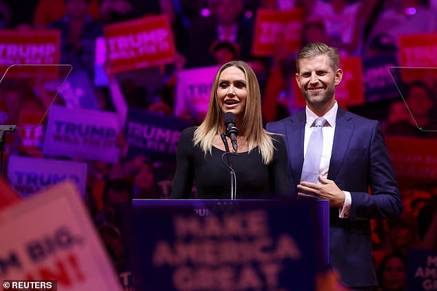 Eric Trump and his wife and co-chair of the Republican National Committee, Lara Trump, speak at Donald Trump's rally at Madison Square Garden in Manhattan on Sunday, October 27, 2024. Eric stated: 