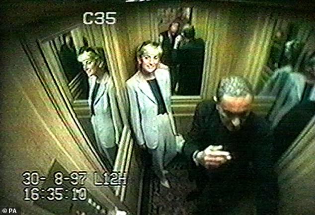 CTV footage showing Diana, Princess of Wales, with Dodi Fayed inside the Ritz Hotel elevator. Al Fayed's former security chief, Andre Steele, claimed that the sex plague was blamed on 