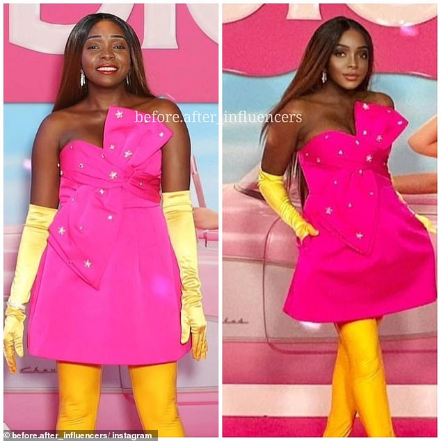 Another comparison showed Suzan posing for photos at the premiere of the Australian movie Barbie, dressed in a daring hot pink minidress adorned with a large bow and paired with eye-catching yellow gloves. However, her own photos (right) looked very different.