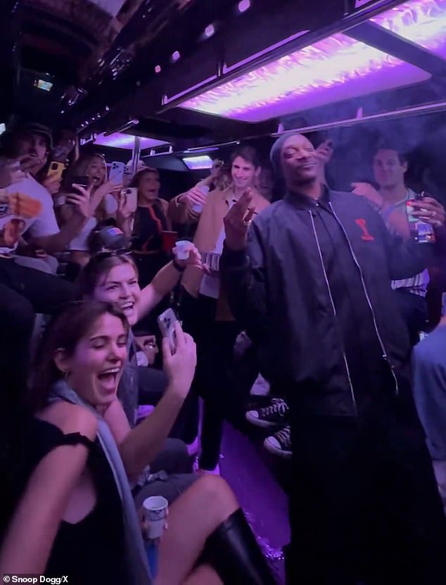 Snoop Dogg, 53, surprised a group of about 20 people when he randomly hopped on a party bus, prompting him to dance to his own music on the sound system.