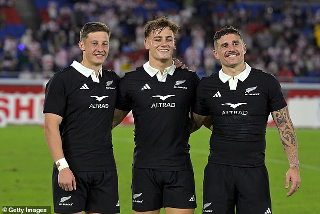 Love (pictured center with his All Blacks teammates after the win over Japan) says he used his teacher's doubts as fuel to drive him for years.