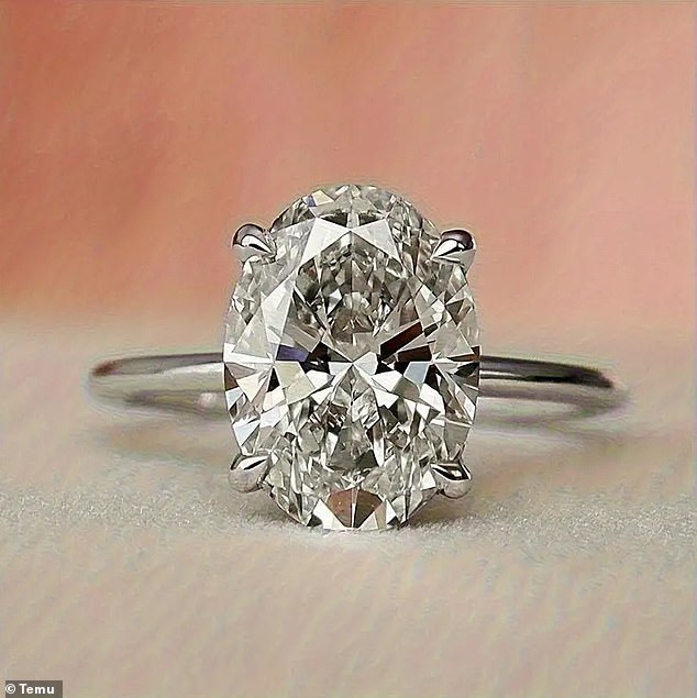 A 'Stunning Oval Moissanite Engagement Ring', made of 925 sterling silver, listed on Temu for £27 ($35)