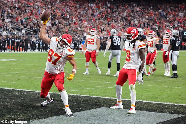 The three-time Super Bowl winner spiked the ball to celebrate his touchdown in Sin City.