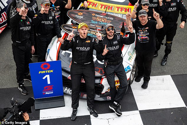 Brodie Kostecki (front, yellow cap) celebrates after taking a win on the Gold Coast last weekend.