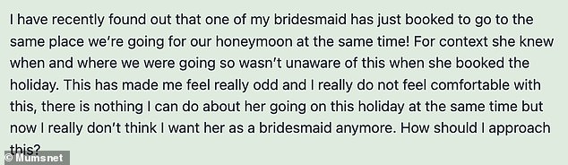 On the British parenting platform, the woman revealed that she was considering removing the bridesmaid from the wedding party due to the incident.