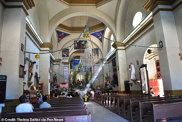 This photo shows the interior of the Church of San Pablo Apóstol in Mitla.