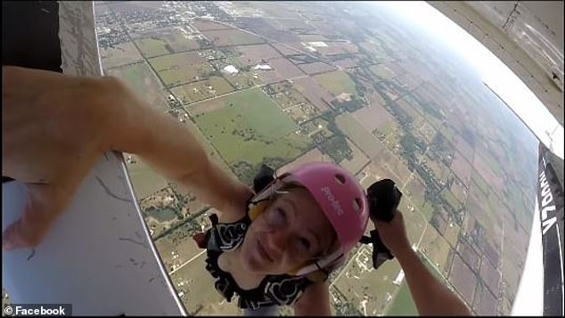 Gallagher is pictured enjoying his first solo skydive in September. It has been remembered as a 