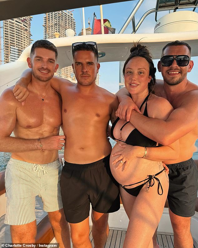 The reality star looked sensational as she posed with her fiance (right) and friends on the luxury boat to celebrate her birthday.