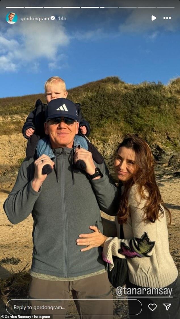 In one of the photos, Gordon smiled as he posed in a pair of brown pants and a gray fleece with an Adidas cap and sunglasses while holding 13-month-old Jesse and posing with his wife Tana.