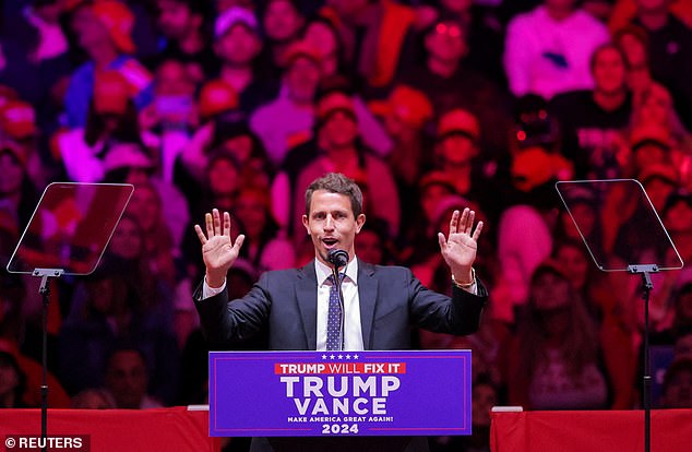 Comedian Tony Hinchcliffe speaks during the MSG rally on Sunday.